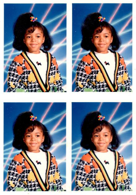School photo collage of Sharee in second grade with her hair in a pony tail.