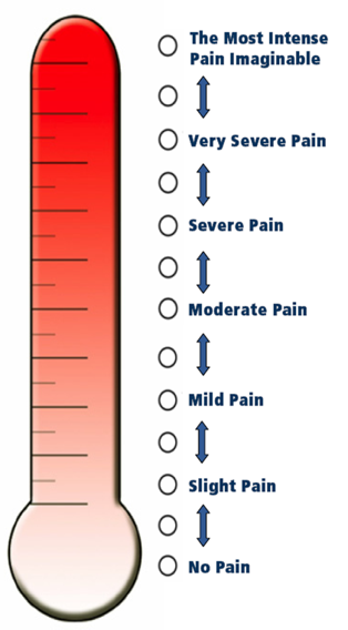The Iowa pain thermometer, a pain scale which assigns a number to a corresponding descriptor in the backdrop of a thermometer.