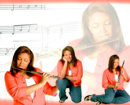 Collage of various poses of Sharee playing the flute for her senior picture