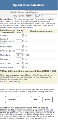 Screenshot of opioid dose calculator