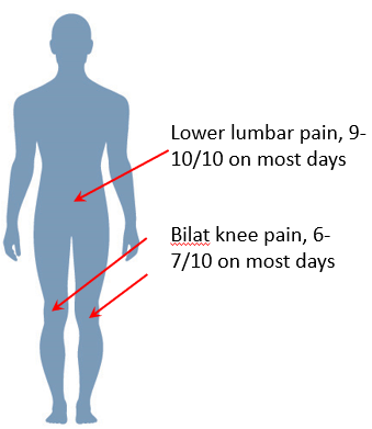 Body diagram showing places of pain for Mr. Monahan