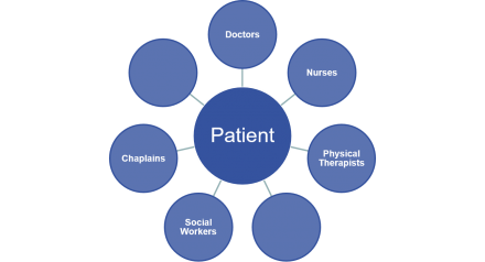 Diagram showing circles depicting different members of a pain management team surrounding a larger circle in the middle that represents the patient.