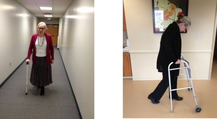Image 1: A older woman walking with the assistance of a cane. Image 2: A older woman walking with the assistance of a wheeled walker.