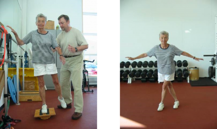 Image 1: A older woman practicing balancing using a balance board under the supervision of a physical therapist. Image 2: A older woman stepping with her left leg crossing over her right and her arms out for balance.