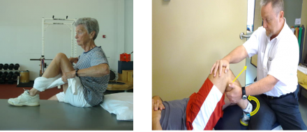 Image 1: A older woman doing a stretching exercise. Image 2: A physical therapist performing knee joint range of motion on a patient.