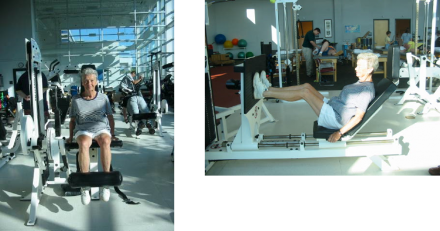 Image 1: A older woman using stationary exercise equipment for lower extremity muscle strengthening. Image 2: A older woman using stationary exercise equipment for lower extremity muscle strengthening.