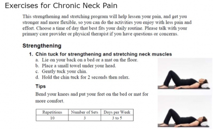 Image shows exercise descriptions for chronic neck pain.