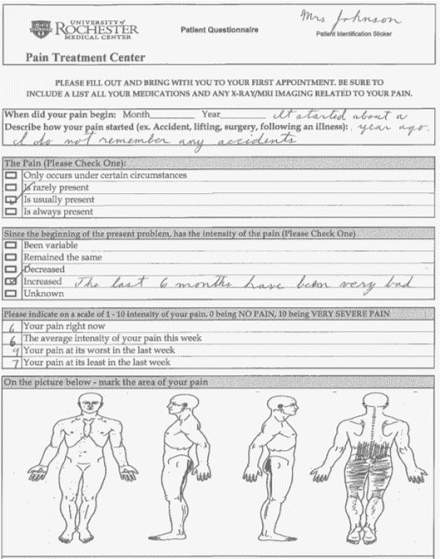 Image shows chart of patient health questionnaire. Mrs. Johnson notes her pain started about a year ago, but was not related to an accidental injury. The pain is usually present, and has increased over the last six months. She rates her pain right now as a 6  out of 0 being no pain and 10 being very severe pain, a 6 for the average intensity of her pain this week, a 9 for the worst pain she felt in the last week, and a 7 for the pain at its least in the last week. She notes pain in her lower back and legs.