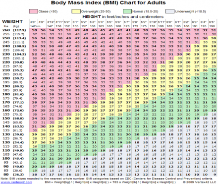 Chart showing body mass index based on height and weight