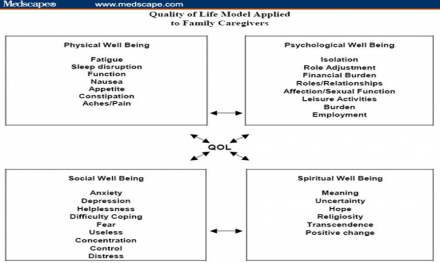 Diagram shows the quality of life as the intersection between physical well being, psychological well being, social well being and spiritual well being