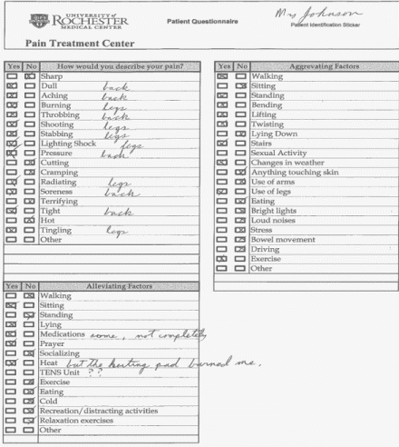 Image shows patient health questionnaire, continued. Mrs. Johnson notes a dull, aching, throbbing, pressure, soreness, and tightness in her back, while she feels burning, shooting, stabbing, lightning shock, radiating and tingling pain in her legs. Aggravating factors included walking, standing, bending, lifting, twisting, stairs, changes in weather, use of legs, and exercise. Alleviating factors include sitting, lying, medications (some, not all), heat (but the heating pad burned her)