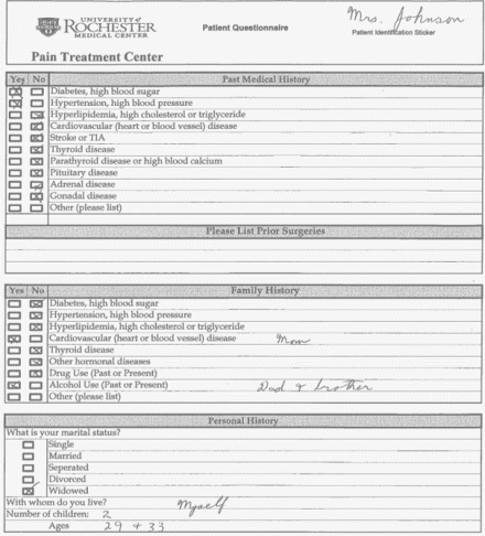 Image shows another page of the patient health questionnaire where Mrs. Johnson notes diabetes, hypertension/high blood pressure in her previous medical history, and a family history of cardiovascular (heart or blood vessel) disease (mother), and alcohol use (past or present) (dad and brother)