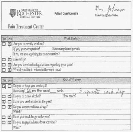 Image shows page 4 of the patient health questionnaire. Mrs. Johnson notes that she currently does not work, is not on disability, is not involved in legal action regarding her pain, and is not attempting to return to the work force. She has smoked for 60 years, currently 5 cigarettes per day, does not drink alcohol but has used alcohol in the past, does not use recreational drugs, has not used drugs in the past, and does not engage in hazardous activities.