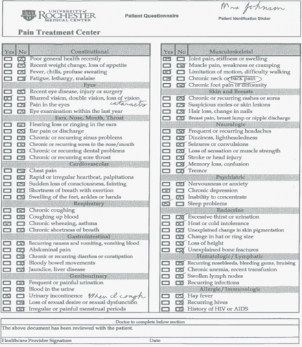 Image shows page 5 of the patient health questionnaire. Mrs. Johnson notes she has cataracts, chronic wheezing, asthma, joint pain, stiffness or swelling, limitation of motion, difficulty walking, chronic back pain, and chronic depression.