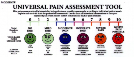 Universal Pain Assessment tool shows smiling faces gradual progressing to frowning faces from left to right, with numbering that corresponds to 0 through 10 in tandem.